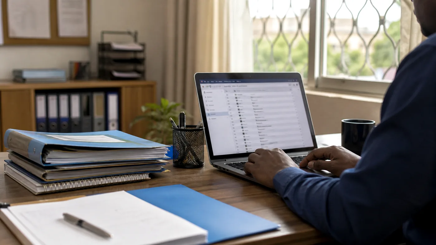 Bureau d'ONG avec dossiers et boîte email intelligente